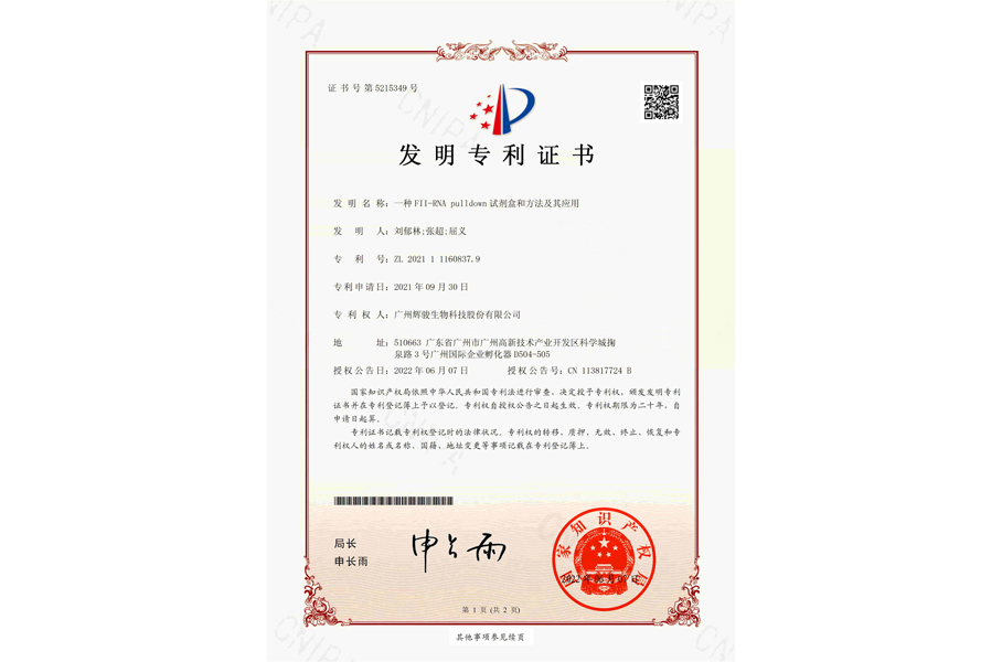 輝駿生物FII-RNA pull down試劑盒和方法及其應(yīng)用專利證書，F(xiàn)2-RNA pull down試劑盒-強(qiáng)親和力/操作簡(jiǎn)便/周期短/價(jià)格低